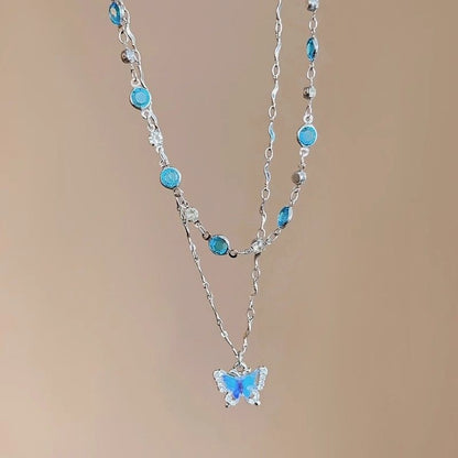 LATS Colar Feminino de Borboleta Cristal Azul Romântico Simples Brilhante Zircônia Camada Dupla Gargantilha Corrente Clavícula Nova Joia Fina