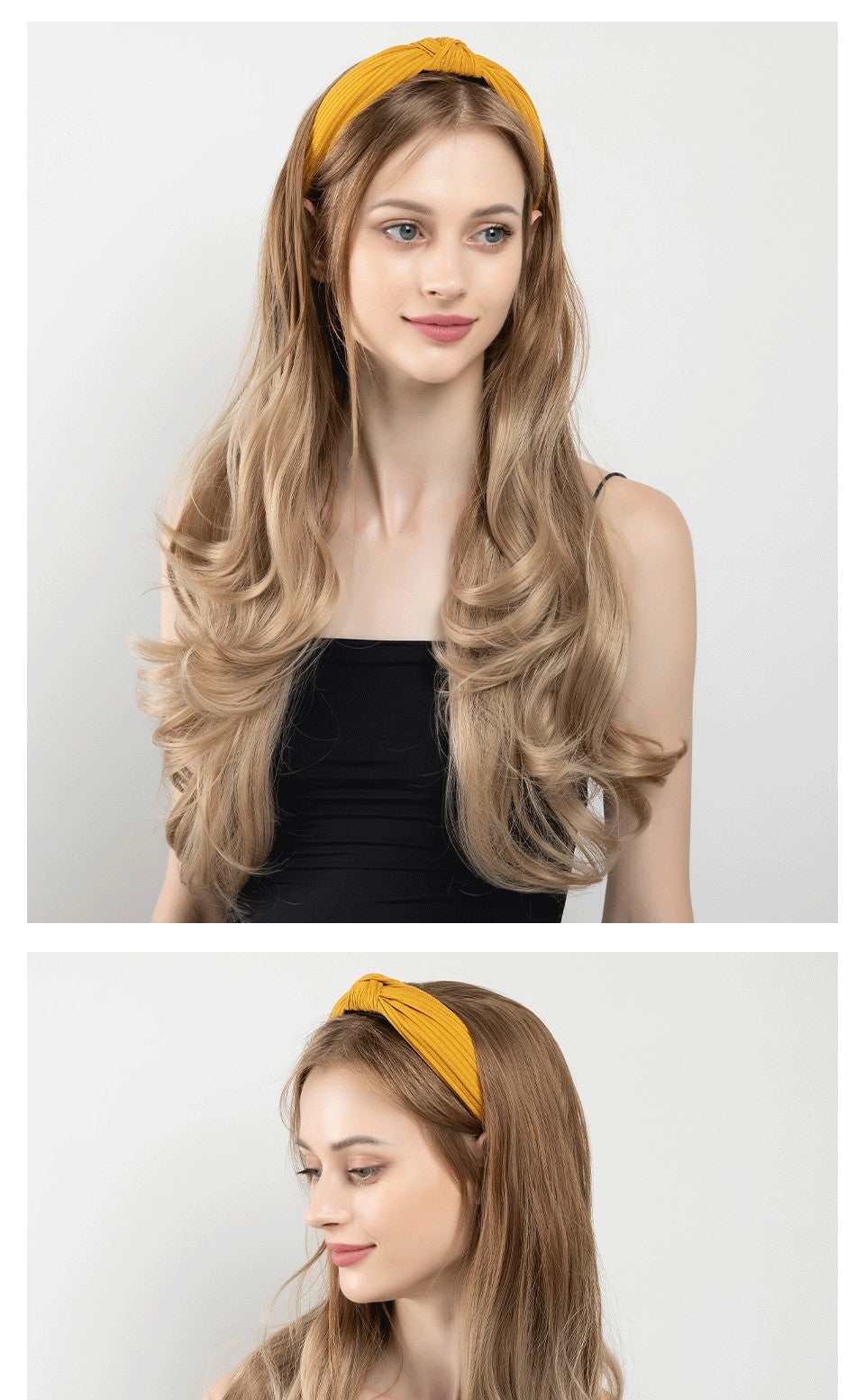 Peruca de Cabelo Sintético Longo Ondulado com Faixa Feminina Ombré Castanho Preto Loiro Cosplay Natural Resistente ao Calor Meia Peruca para Mulheres