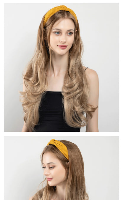 Peruca de Cabelo Sintético Longo Ondulado com Faixa Feminina Ombré Castanho Preto Loiro Cosplay Natural Resistente ao Calor Meia Peruca para Mulheres