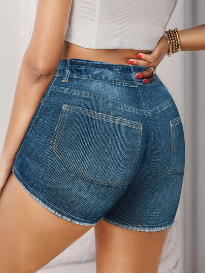 Women's Stretch Denim Like Shorts with Floral Print Design Casual  Versatile Summer Style
