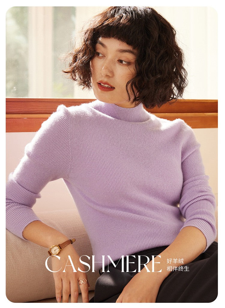 Autumn and winter new women's 100% pure cashmere semi high neck pullover sweater knitted slim fit hot selling women's top