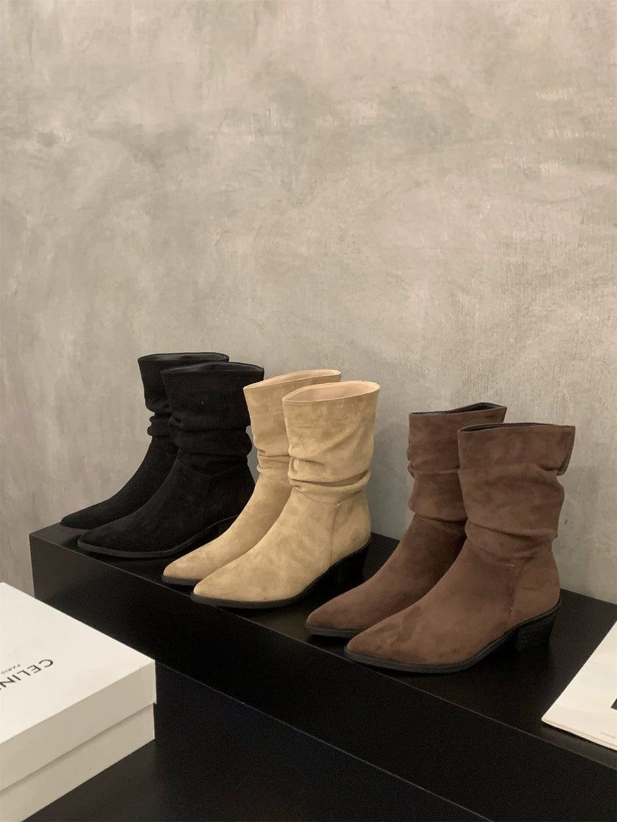 Vintage Pointed Toe Women Ankle Boots Fashion Elegant Soft Suede Shoes Autumn Winter Low Heel Women's Short Booties D423