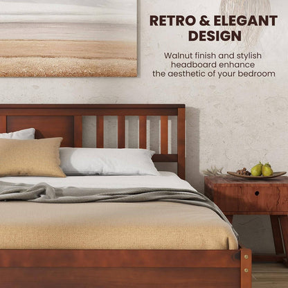 Queen Size Solid Wood Platform Bed Frame, Mid Century Queen Bed Frame with Headboard, Wood Slat Support, Panel Bed, No B