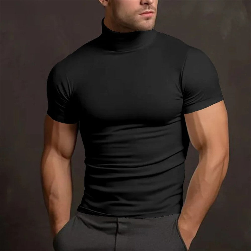 Cross-border Amazon 2024 summer solid color short-sleeved fashion bottoming shirt men's tight turtleneck T-shirt