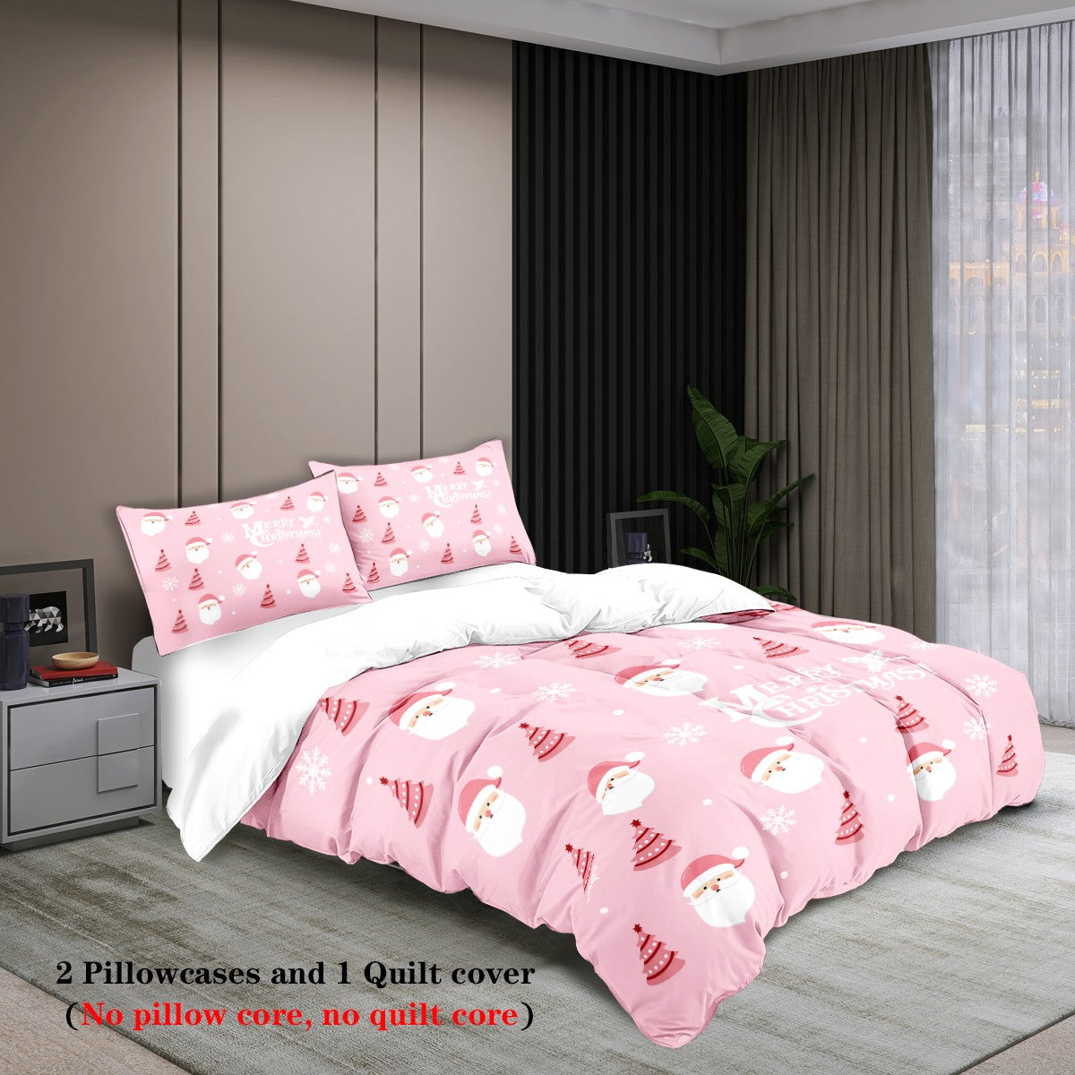 3-piece Christmas themed pink Santa Claus print (1 duvet cover+2 pillowcases, no core) soft and comfortable bedding set