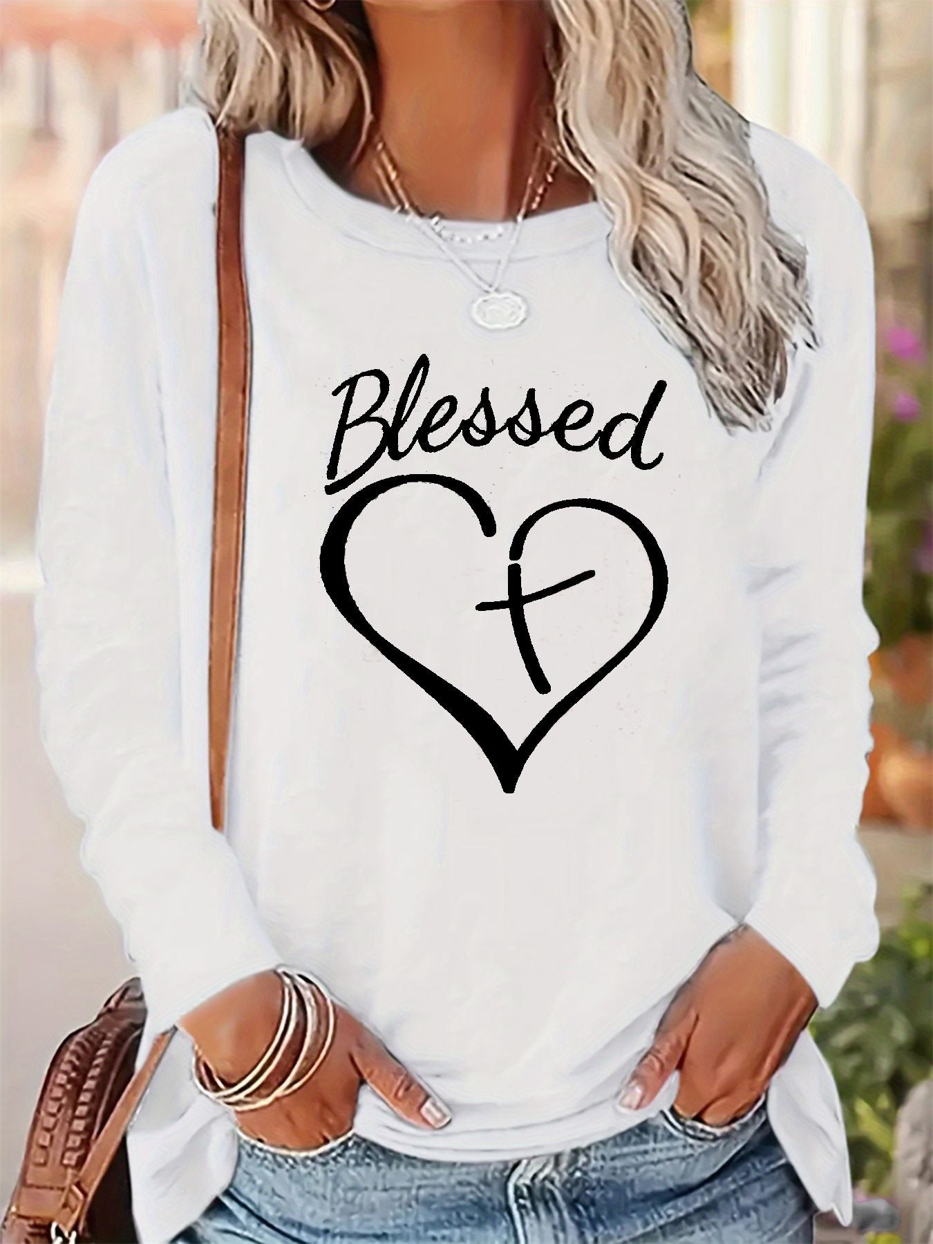 Women's autumn and winter 100% pure cotton fashionable casual loose Blessed heart-shaped printed round neck long sleeved T-shirt