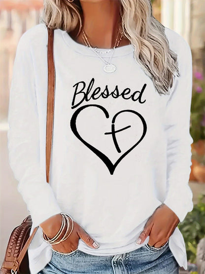 Women's autumn and winter 100% pure cotton fashionable casual loose Blessed heart-shaped printed round neck long sleeved T-shirt