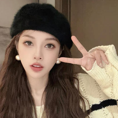 Sweet Faux Rabbit Fur Beret Hat Women Autumn Winter Thicken Keep Warm Furry Flush Artist Flat Cap Solid Color Painter Hats