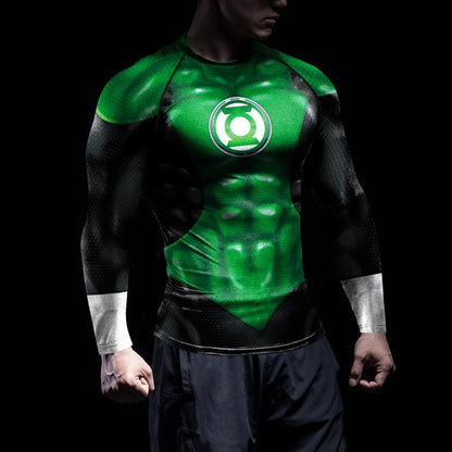 Superheroes Cosplay Costume Men Green Compression Shirts Lantern Printing Long Sleeves Tops Gym Sports Shirt Male Clothes