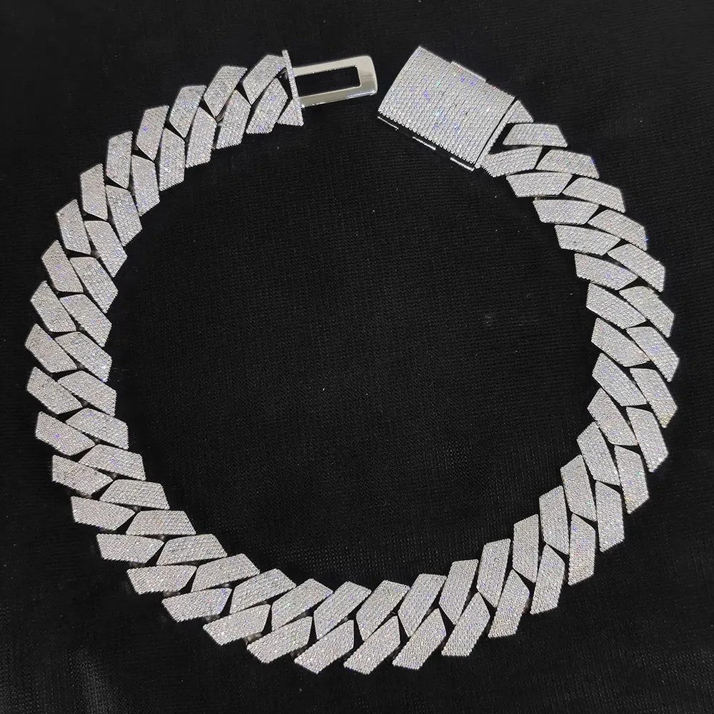 Colar Masculino/Feminino Folheado a Ouro Branco/18k com Corrente Cubana Grossa de 15mm com Duas Fileiras de Zircônias Cravejadas, Joia de Hip Hop com Zircônias Cravejadas, Presente