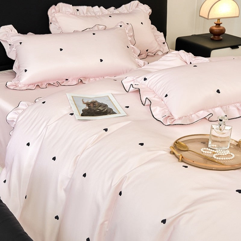 Conjunto de capa de edredom coreana de renda 3 peças (1*Capa de Edredom + 2*Fronhas, Sem enchimento), Conjunto de cama com estampa de bolinhas pretas