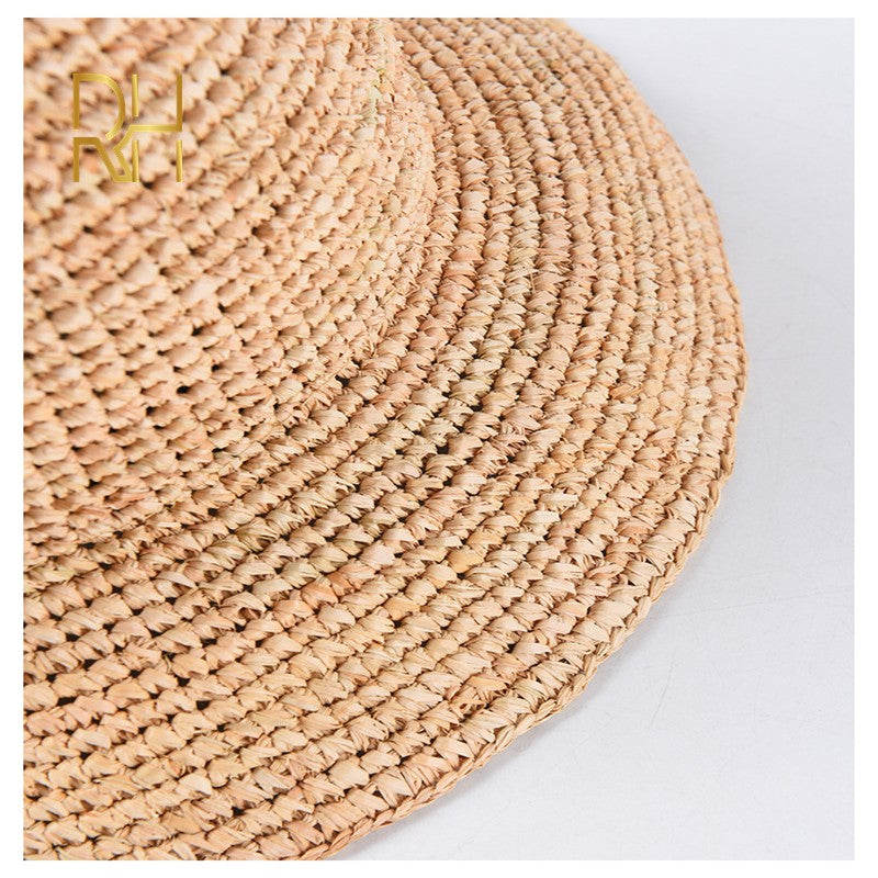 Chapéu de Balde de Crochê Feminino Feito à Mão de Palha de Ráfia Natural para Primavera Verão Praia Aba Larga Pescador