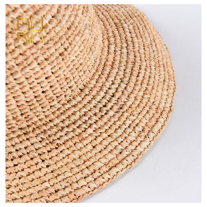 Chapéu de Balde de Crochê Feminino Feito à Mão de Palha de Ráfia Natural para Primavera Verão Praia Aba Larga Pescador