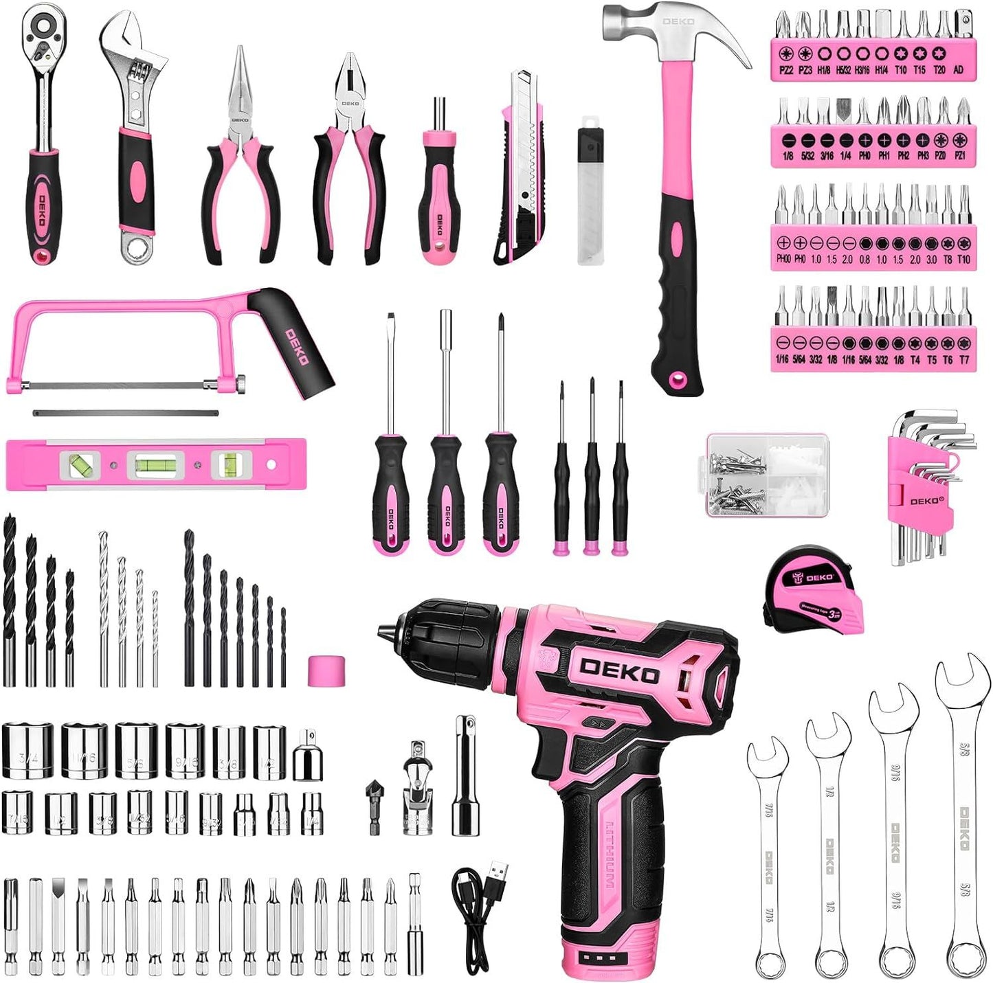 Caixa de ferramentas DEKO Home Mechanic com furadeira sem fio 12V, kits combinados de conjuntos de ferramentas de reparo manual e estojo organizador de armazenamento com gaveta