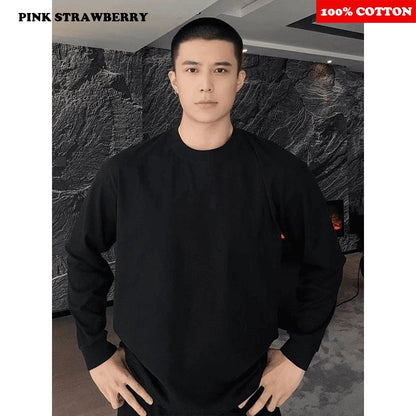 100% Cotton White Long sleeve T-shirt Men Autumn 2025 New Solid color High quality Loose Casual Black Tee Y2k Top Men clothing