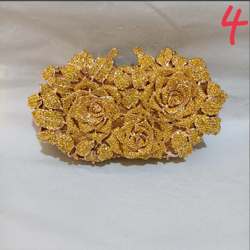 Golden Silver Luxury Crystals Evening Bags Fashion Rose Flower Diamonds Clutch Bags Soiree Purse Women Wedding Bride Handbags