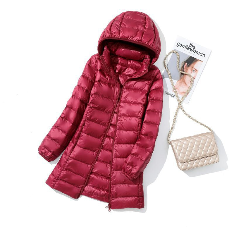 Hoody Long White Duck Down Coat Autumn Winter Portable Hooded Puffer Down Jacket Women Casual Double Zipper Windproof Thin Light