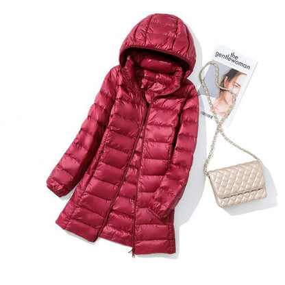 Hoody Long White Duck Down Coat Autumn Winter Portable Hooded Puffer Down Jacket Women Casual Double Zipper Windproof Thin Light