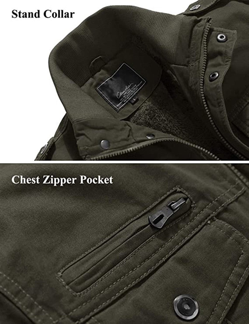 MAGCOMSEN Men's Fleece Jackets Windbreaker Coats Fall Winter Thermal Bomber Jackets Multi-pockets Stand Collar Motorcycle Jacket