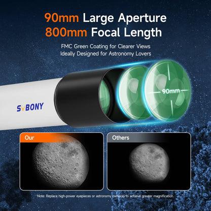 Telescópio Refrator de Astronomia Svbony SV520 90mm para Adultos e Iniciantes Profissionais Observação da Lua Fotografia