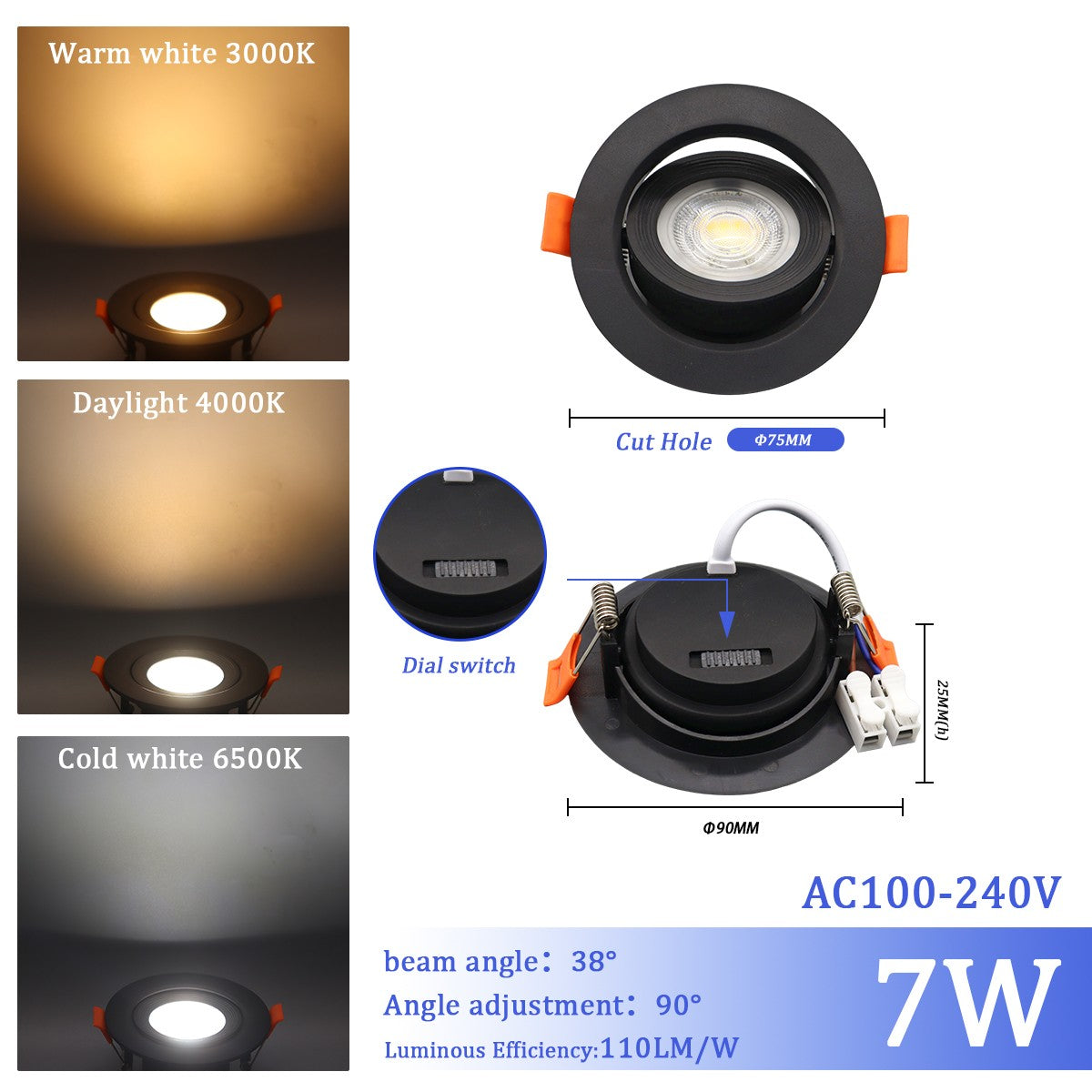 1-10pcs LED Change color 3 CCT 3000K 4000K 6000K LED Ceiling Spotlight embedded light 7W AC 110V 220V Adjust 90° lighting Spot