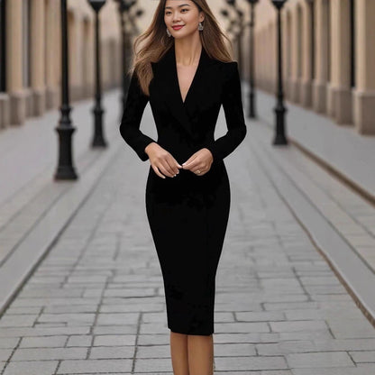 Fashion Suit Dress Women Slim Fits Single-breasted Long-sleeved Office Commuter Jacket Dress Sheath Sexy Bodycon Midi Dress