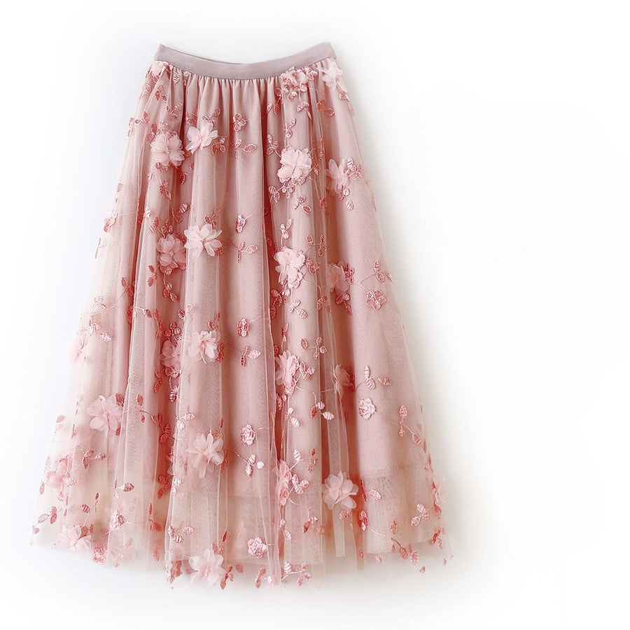 New in A-Line High Waist Embroidery 3D Flower Tulle Midi Skirt Women Spring Summer Pink Chic Elegant Mesh Party Long Skirt
