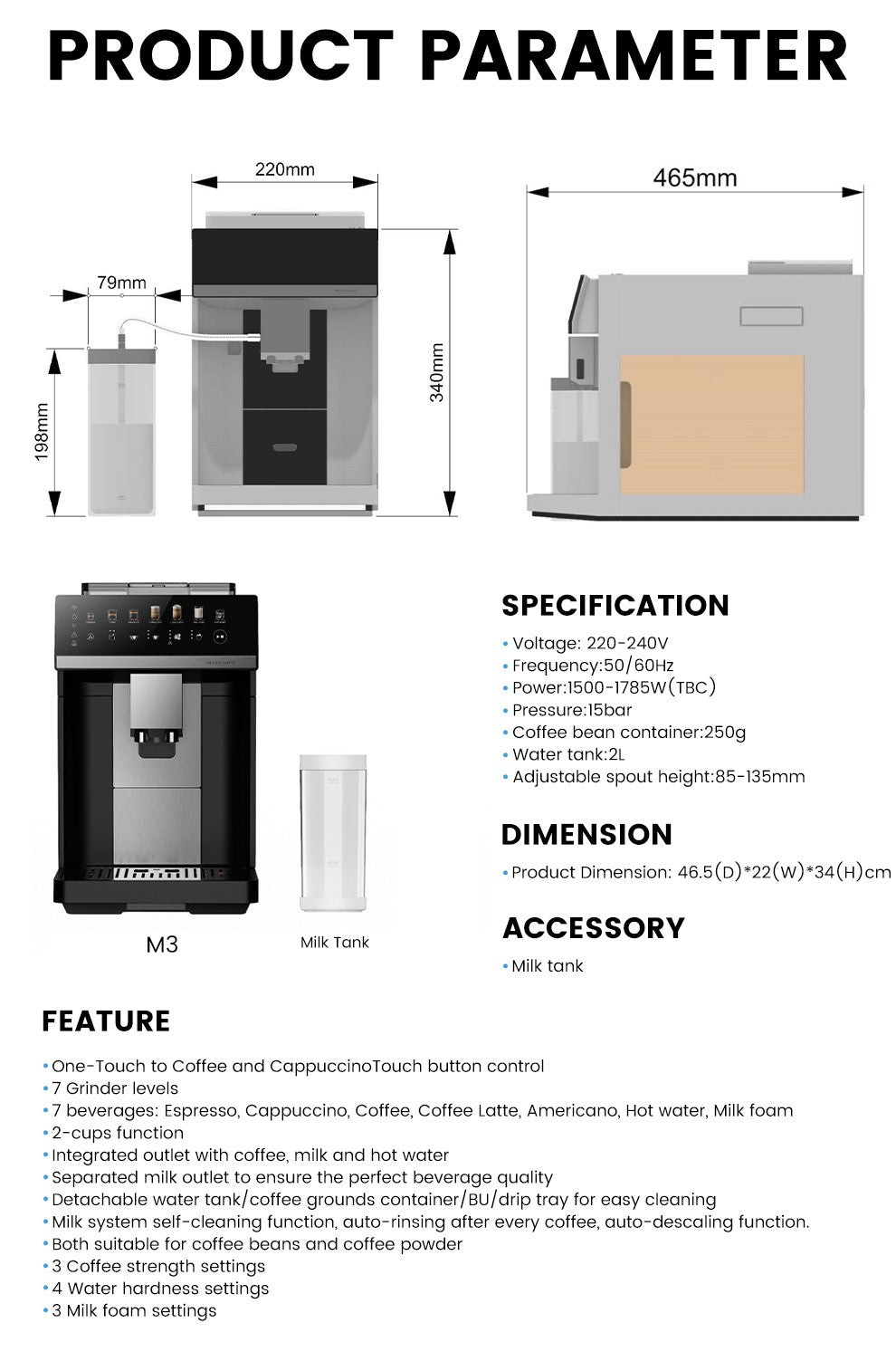 Máquina de Café Expresso Automática Mcilpoog M3 – Espumador e Reservatório de Leite Integrados, 7 Variedades de Café, Tela Sensível ao Toque