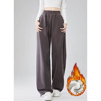 Winter Lady Snow Warm Thin Straight Leg Pants Girls Classic Daily Plush Trousers Women High Waist Thermal Fleece Pants