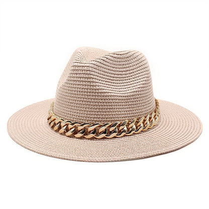Set Straw Hat and Bag Set Gold Chain Bag Hat Set Ladies Leather Bag Tote Church Fedora Party Jazz Straw Hat
