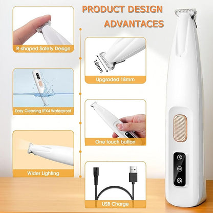 Electric Paw Trimmer For Dogs & Cats Quiet Rechargeable Clipper With LED Light For Ears Face Multifunctional Pet Grooming Tool