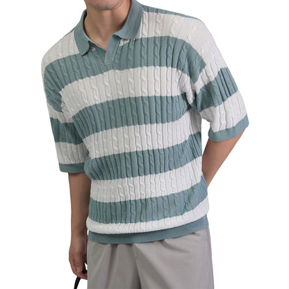 Men's Polo Short Sleeve Retro Knit Lapel Striped Short Sleeve Fashion Popular Knitwear Casual Breathable Top US Size