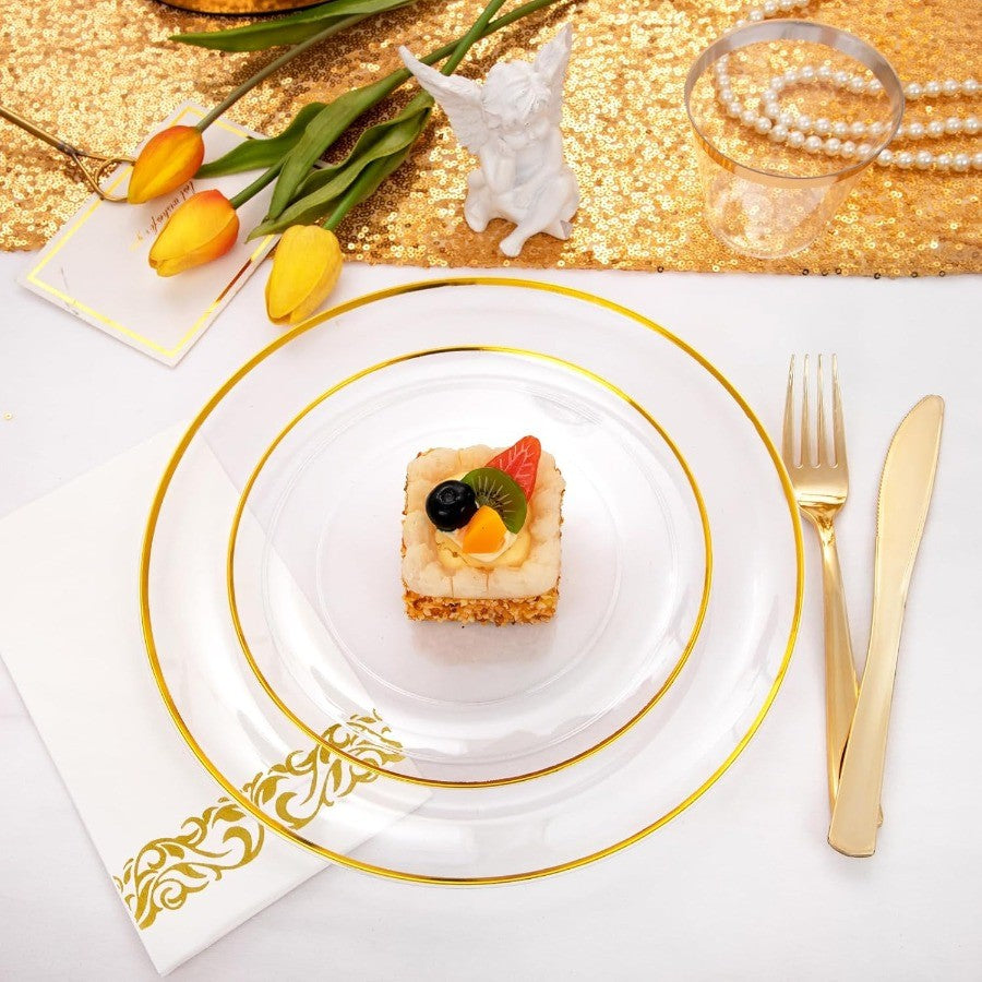 350PCS Clear and Gold Plastic Plates Gold Disposable Plastic Dinnerware Set for 50 Guests Include 100 Plastic Plates 150 Gold C