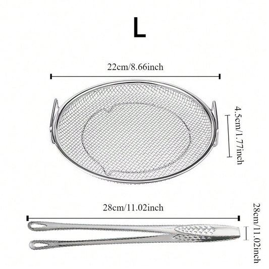 Stainless Steel Mesh Strainer Basket with Barbecue Tongs Multi-Functional Filter Drain Tray for Fried Foods Desserts Vegetables