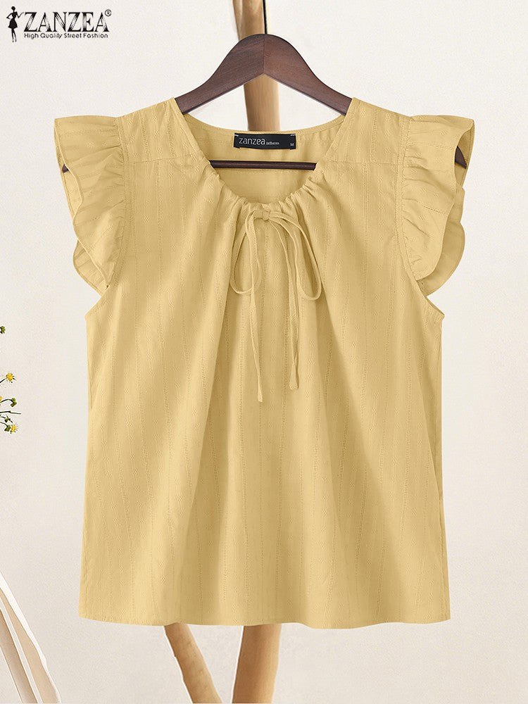 2025 ZANZEA Summer Elegant Shirt Women Sleeveless Holiday Blouse Stylish Tanks Tops Casual Solid Cotton Camis Mujer Blusas Femme