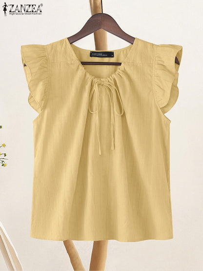 2025 ZANZEA Summer Elegant Shirt Women Sleeveless Holiday Blouse Stylish Tanks Tops Casual Solid Cotton Camis Mujer Blusas Femme