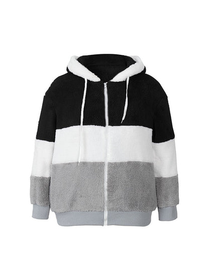 Plus Size Autumn/Winter New Arrivals Women's Autumn/Winter Drop-Shoulder Long-Sleeved Colour-Block Patchwork Fleece Hooded Jacke