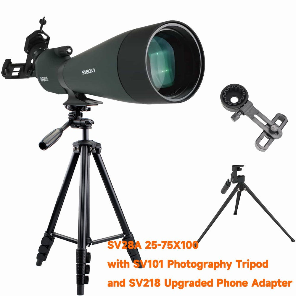 Svbony 25-75x100mm SV28A Lunetas de Observação Anguladas com Tripé e Adaptador de Telefone Telescópio FMC para Observação de Pássaros Observação Diária