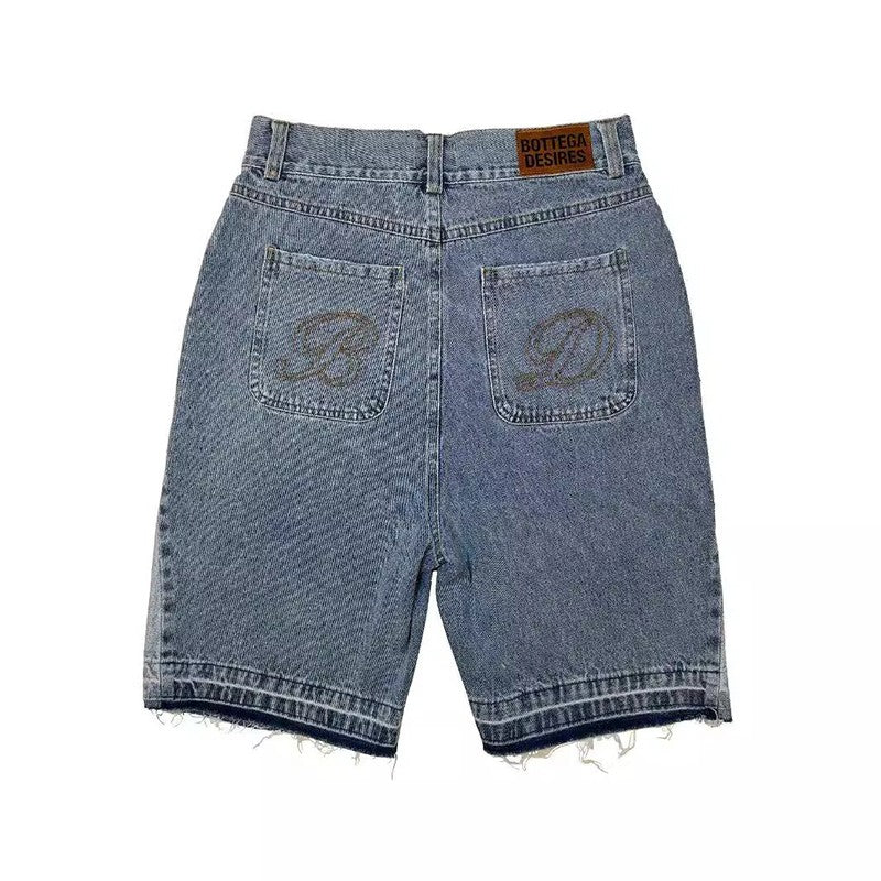 American Style Harajuku Retro Denim Shorts with Letter Embroidery Oversized Jeans Men Y2k Loose Casual Versatile Shorts Woman