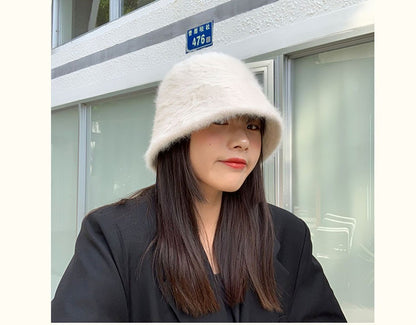 2023 new Hat winter women's fashion Solid color rabbit fur hat bucket cap  fisherman's hat  knitted wool basin Bucket Hat