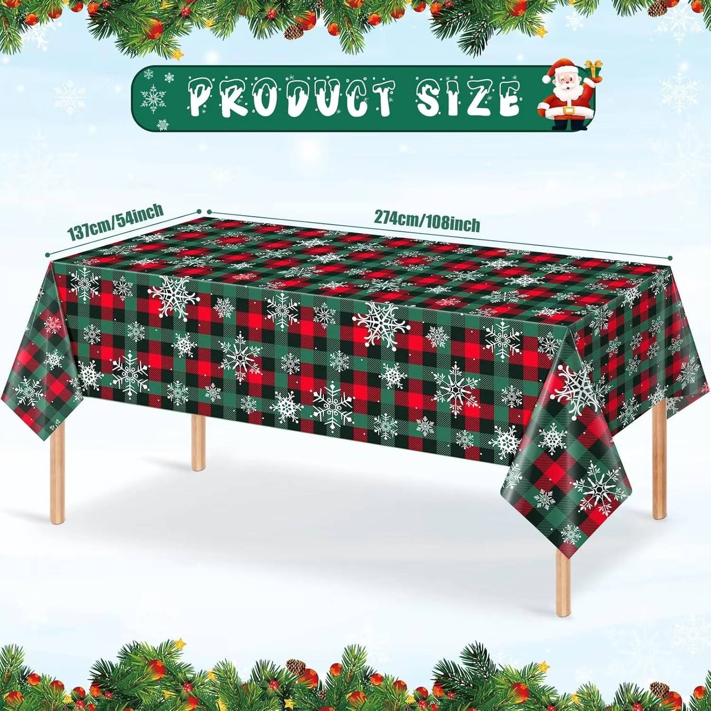 3PCS/Set Disposable Christmas Snowflake Tablecloth Plastic Red Green Buffalo Plaid Table Cover for Christmas Holiday Party Decor