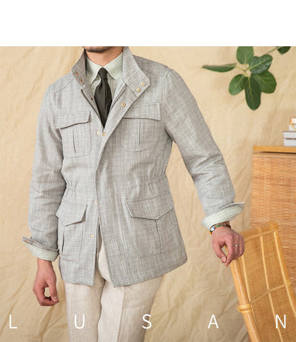 Cotton and Linen Vertical Collar Tight Waist M65 Hunting Jacket Retro All-match Spring and Summer Lightweight Casual Jacket