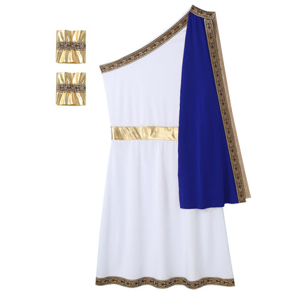 Mens Ancient Greek Toga Roman King Prince Cosplay Costume Halloween One Shoulder Embroidered Robe Dress Theme Party Outfits