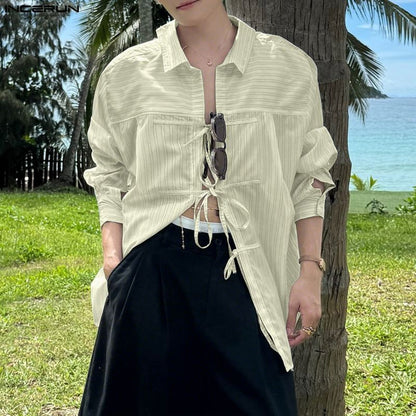 INCERUN Men Striped Shirt Lapel Long Sleeve Lace Up Hollow Out Men Clothing Oversize Korean Style Streetwear Casual Shirts Men