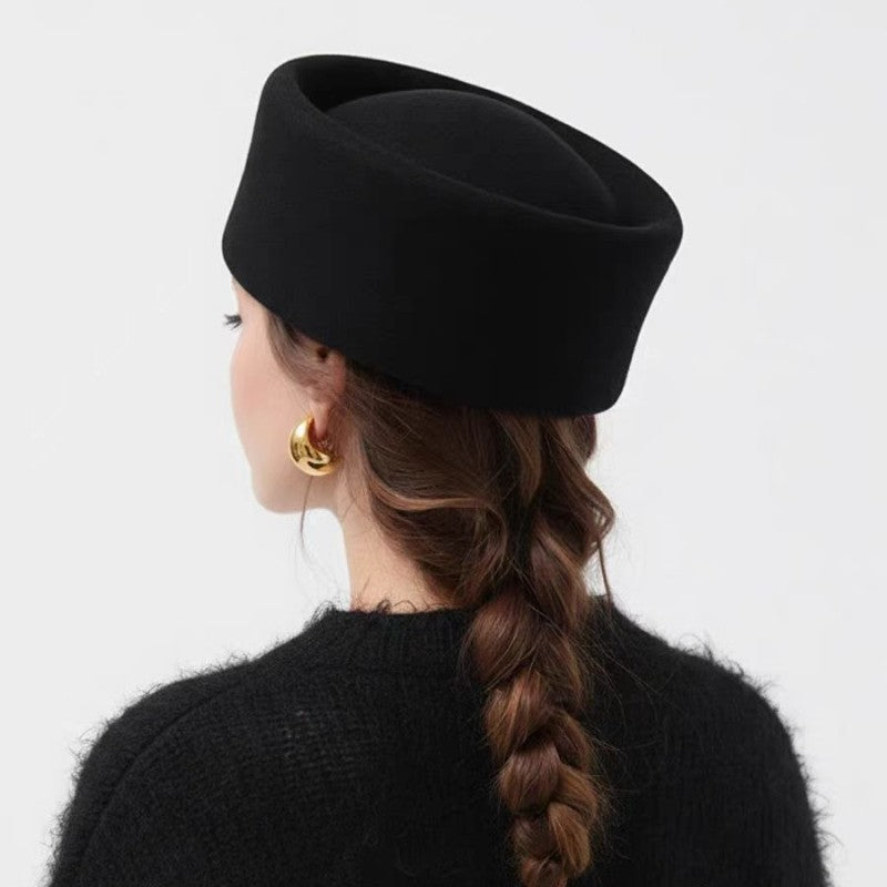 Autumn Winter Women Wool Fedoras Hats Elegant French Hard Top Concave Top Felt Berets Hat  Wedding Fascinator Party Pillbox Cap