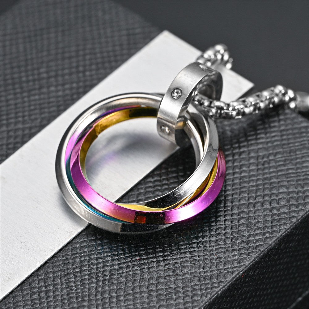 Colar Masculino Hip-hop Três Anéis Aço Titânio Não Desbota Simples Refinado Pequena Personalidade Marca Maré Vermelha Pingente