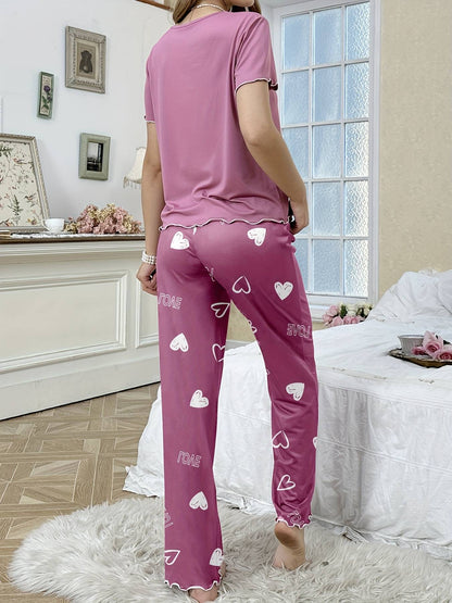 Women's Sweet and Romantic Lace Patchwork Spring and Summer Pajamas, Pink Heart Print Bow Tie Pajama Set