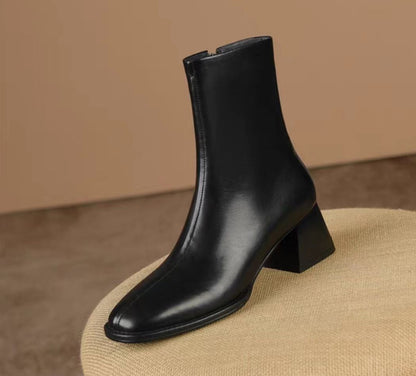 2025 Ankle Boots for Women Leather Square Toe Side Zipper Retro Style Chunky Heels Women Boots Fashion Short Boots Women  D263