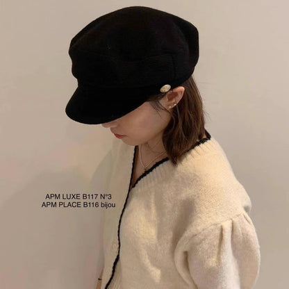 Korean Blogger Same Style Metal Button Autumn Winter Maillard Duck Bill Hat Woolen Newsboy Cap Eight Panel Hat for Women