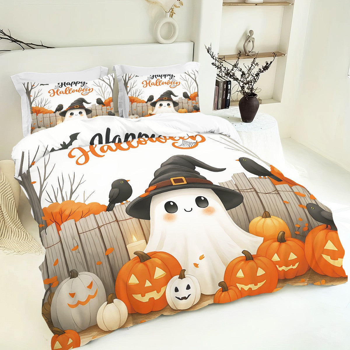 3pcs Halloween Cartoon Ghost Printed Duvet Covers, 1 Down Duvet Cover+2 Pillowcases, Coreless. Soft and Comfortable Bedding Set